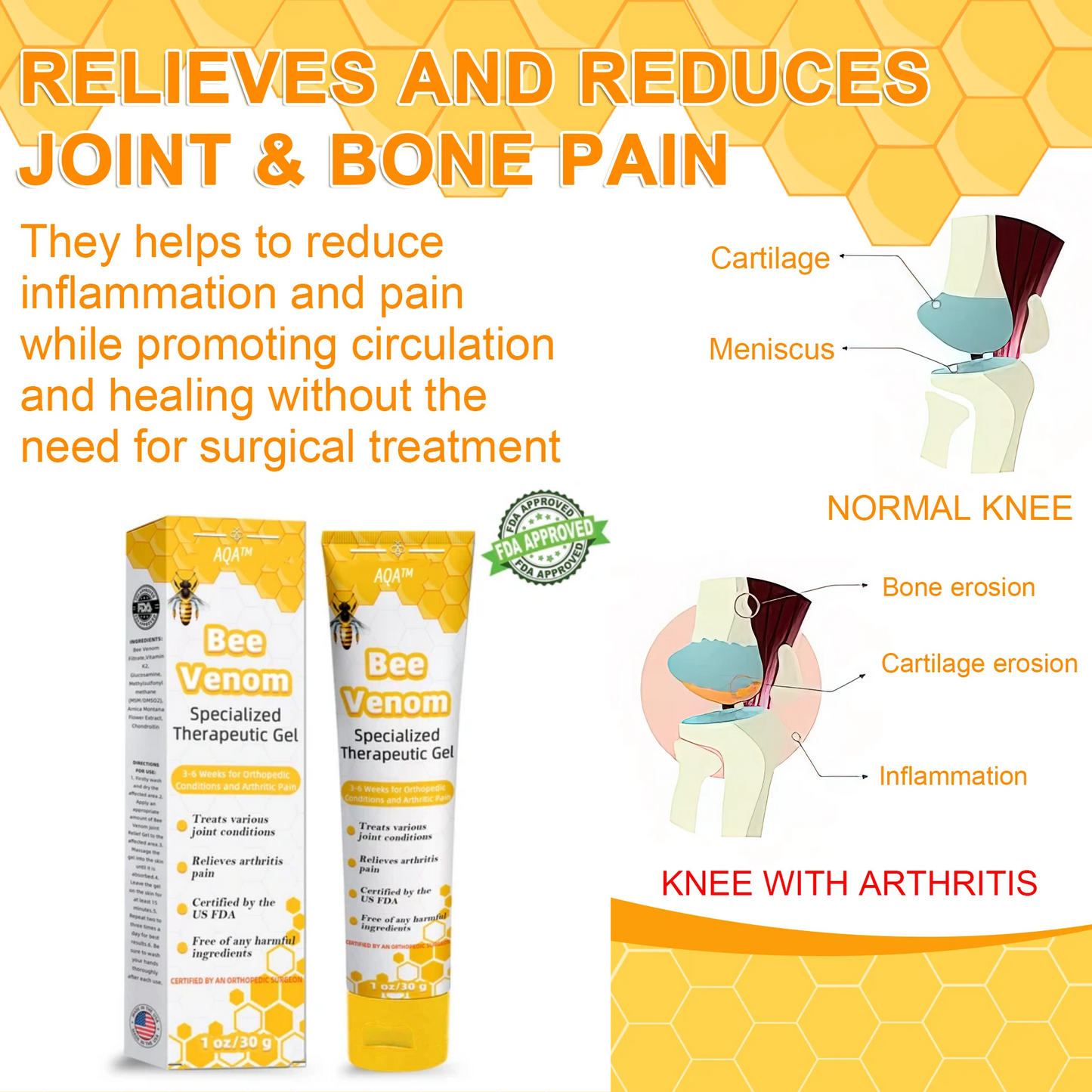 💎💎 AQA™ Bee Venom Joint Therapy Pain Relief Gel (New Zealand Bee Extract - Specializes in Orthopedic Diseases and Arthritis Pain)