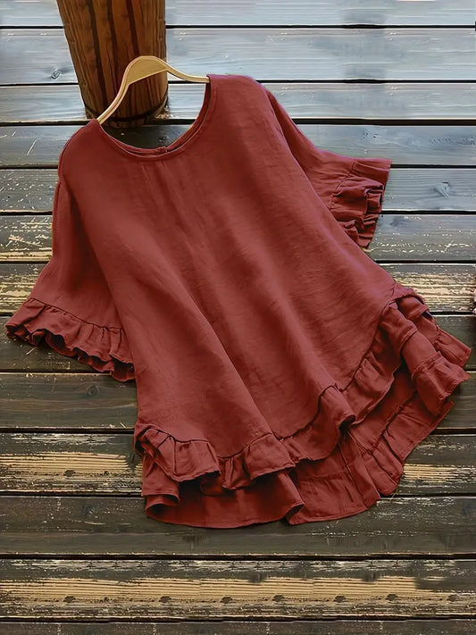 Solid Button Back Ruffled Trim Blouse